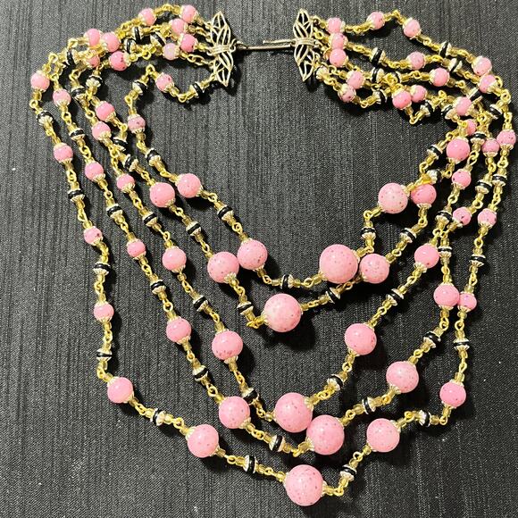5-Strand Bubble Gum Pink Gold Black Beaded Statement Necklace 12 inches - Picture 2 of 2